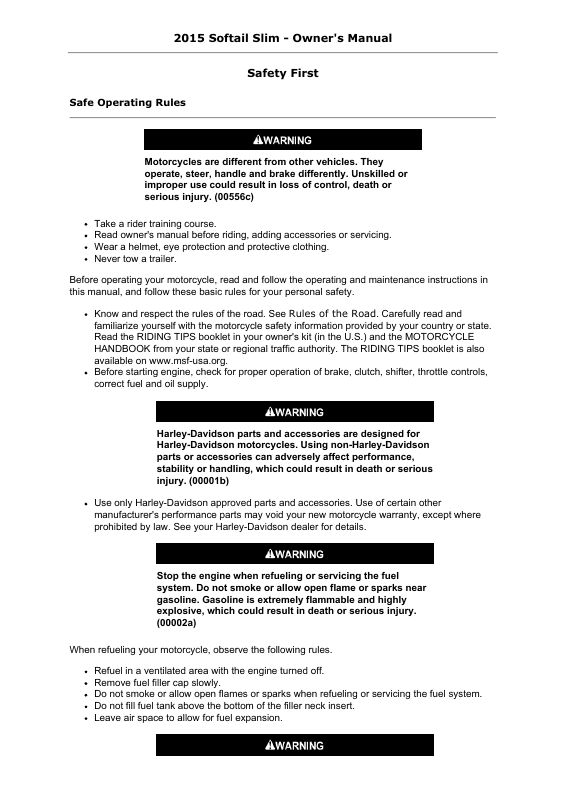 2015 Harley-Davidson Softail Slim Owner's Manual Image